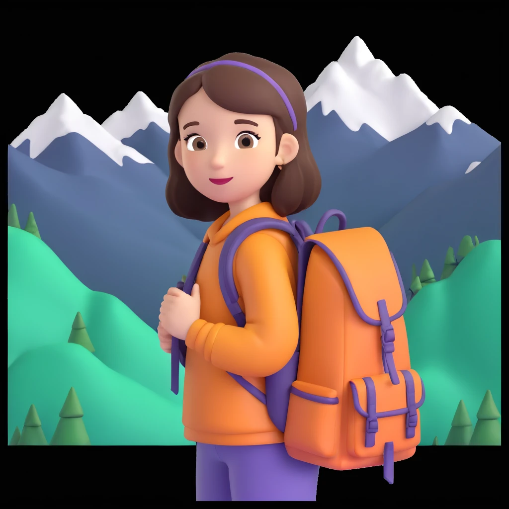 portrait of girl back packing mountains in background, close up pose emoji