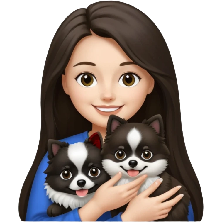 A woman who has brunette long hair is holding a black and white 1 Pomeranian dog who has black face but in the middle he has a white line from the nose emoji