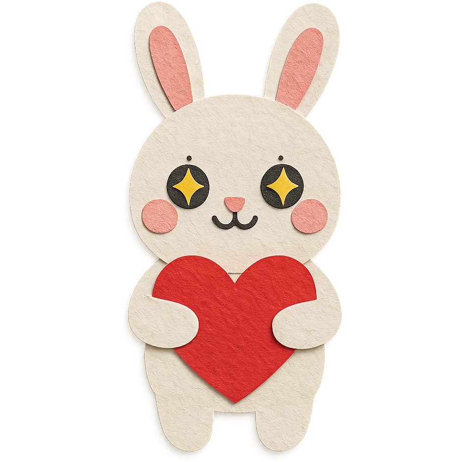 white bunny holding a big heart with sparkling eyes, paper-craft style emoji