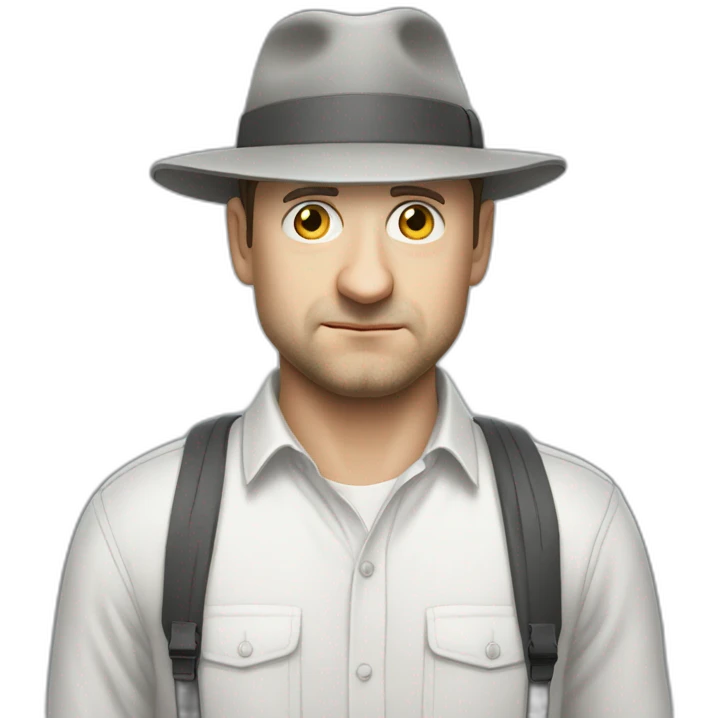 tim robinson wearing a grey fedora white shirt only looking scared and sad facing left - fabric attached to back of hat covering neck emoji