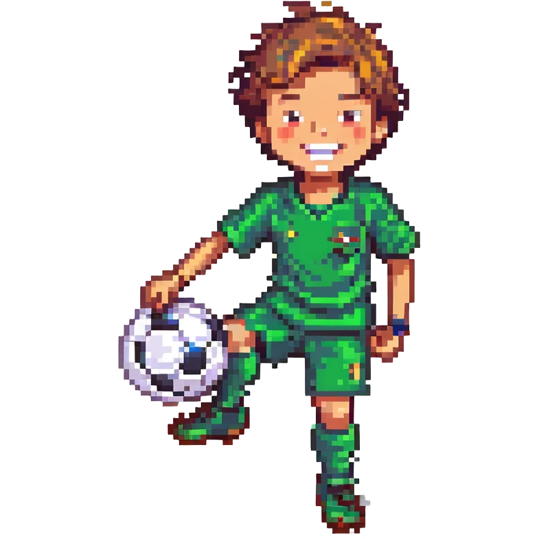 cheerful 9-year-old boy in 2nd grade playing soccer joyfully, smiling and kicking a ball, pixel art style emoji