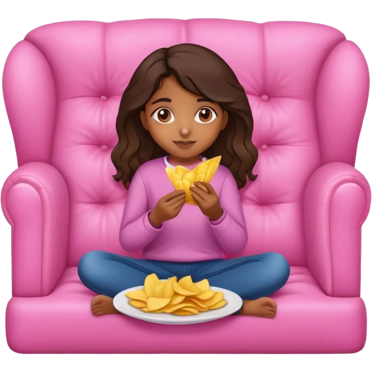 home brown girl with plate of chips, sitting at the pink sofa emoji