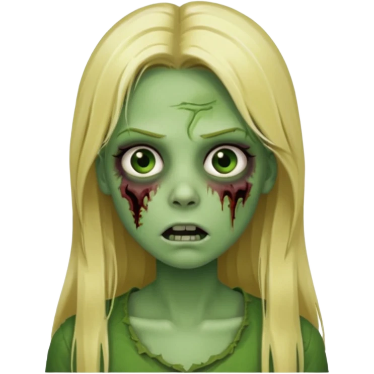 girl zombie with blonde straight long hair green skin and with no angry face and with the mouth closed emoji
