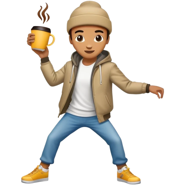 Breakdancing figure with a coffee cup for a head emoji