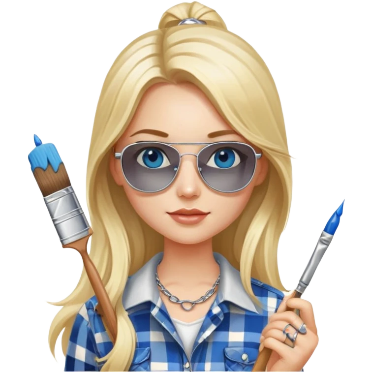 girl with long blond hair, wearing plaid shirt with blue eyes and aviator sunglasses wearing a ring on her silver necklace, holding a paintbrush roller emoji