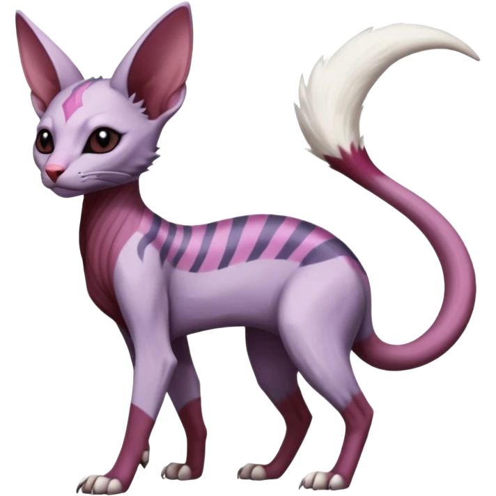 Purple, white, black, Minccino-Sphynx-Lykoi-Linoone-Zangoose-fusion-hybrid-animal-Fakémon-creature, full body, thin long sleek scaly tail, intricate markings emoji