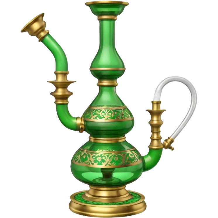 Brass hookah with green design on a glass water base on the top; with two pipes from the side all pouting on top emoji