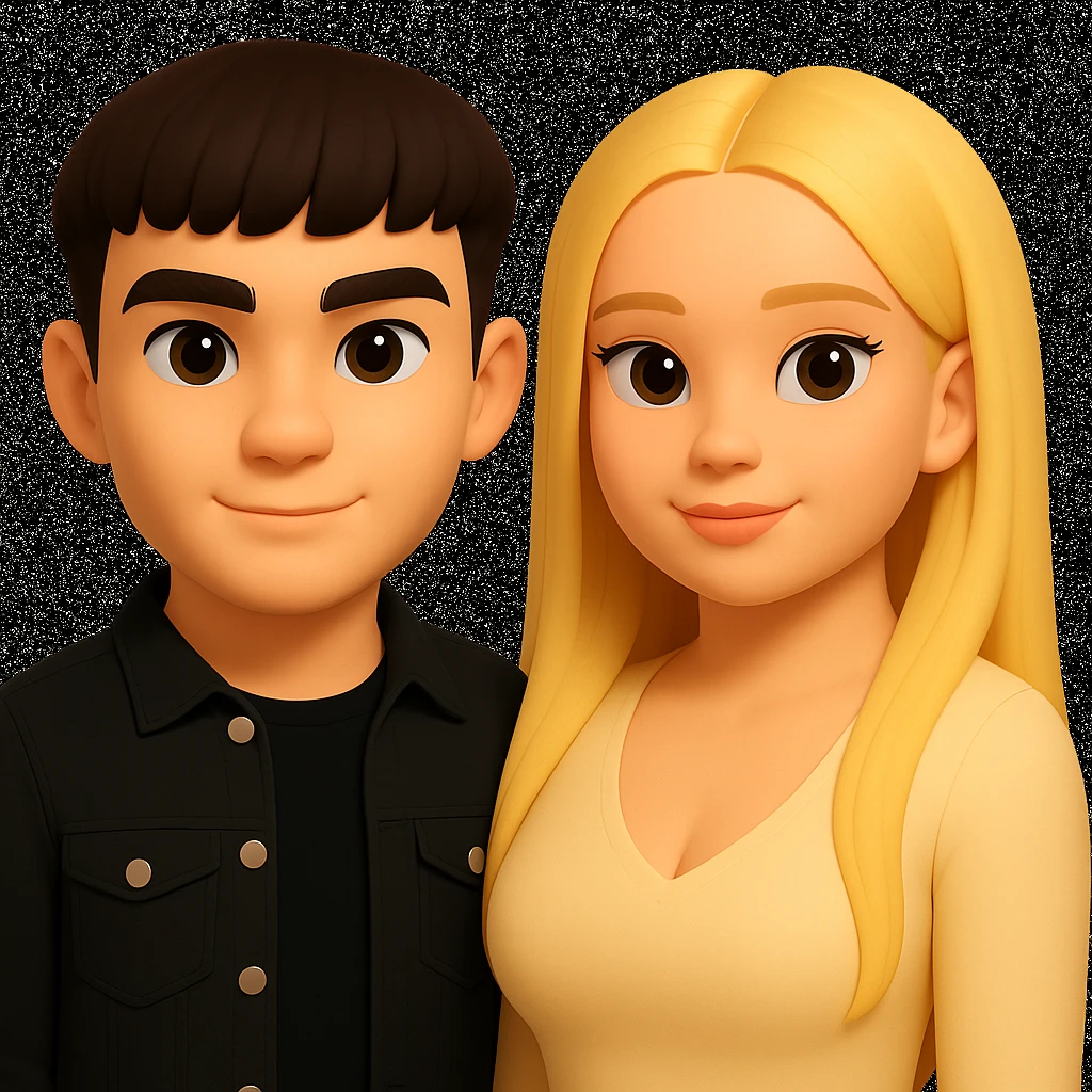 Slightly increase the volume of the upper body of the girl, slightly turn her to face forward, and make the skin color uniform. Maintain the cartoonish 3D style as in the reference image. emoji