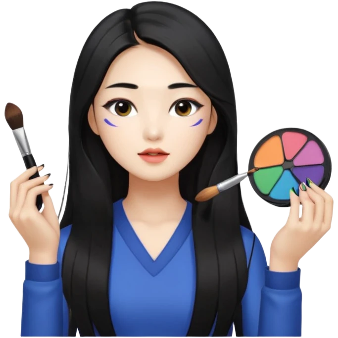 Korean woman with long hair applying makeup to upper body, using various makeup tools, natural expression, bright lighting emoji