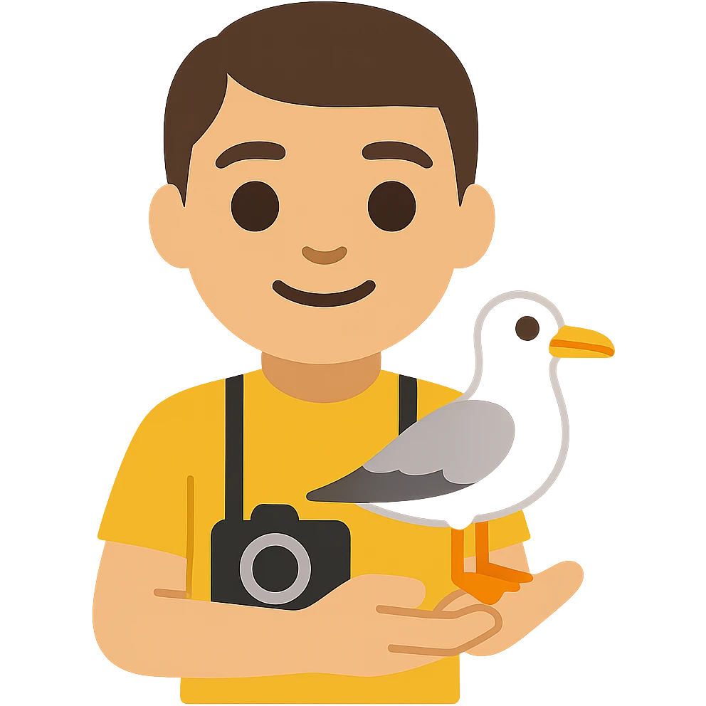 Minimalist emoji-style illustration of a smiling photographer holding a seagull in their hands and a camera around the neck. Simplified, clean lines, vibrant colors, small size emoji