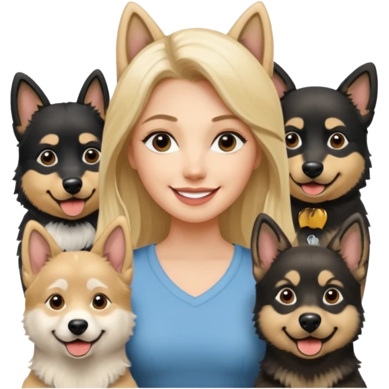 a lady, blonde long hair with 2 german shepards and one black and white alaskan malanute emoji