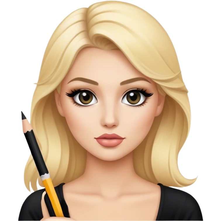 luxury blonde makeup artist model wearing black, holding a pencil emoji