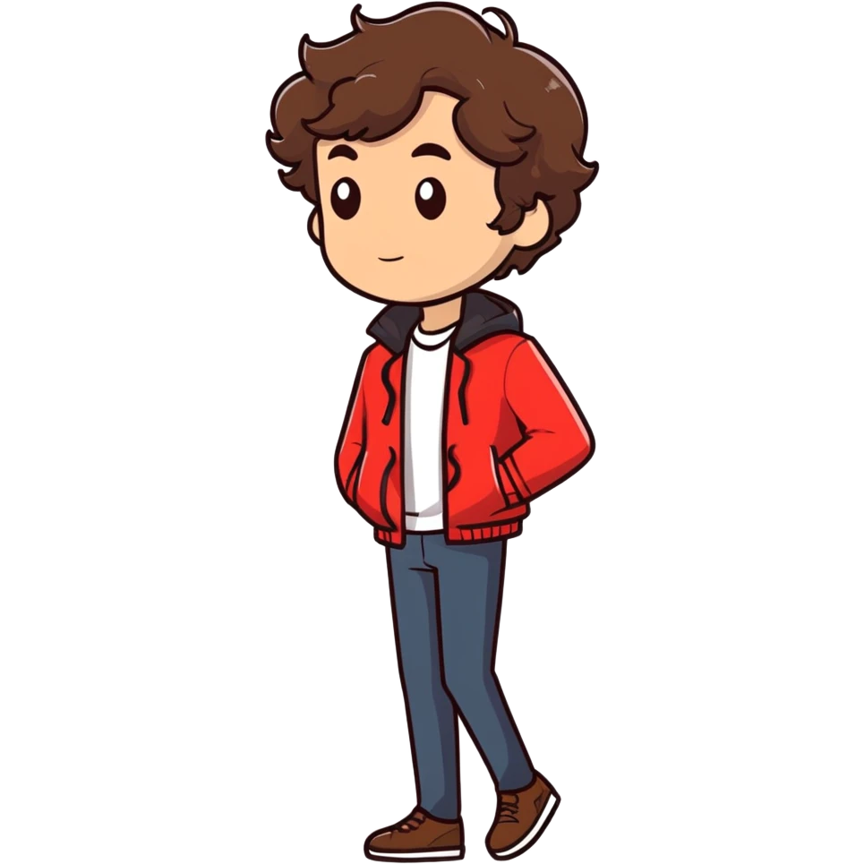 Homem de cabelo castanho ondulado usando uma jaqueta vermelha full body  emoji
