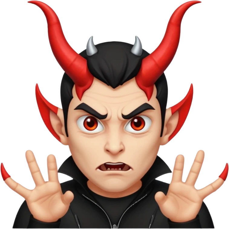 The guy looks at you with contempt and disgust, rolls his eyes, and wears black clothes and has devil horns. emoji