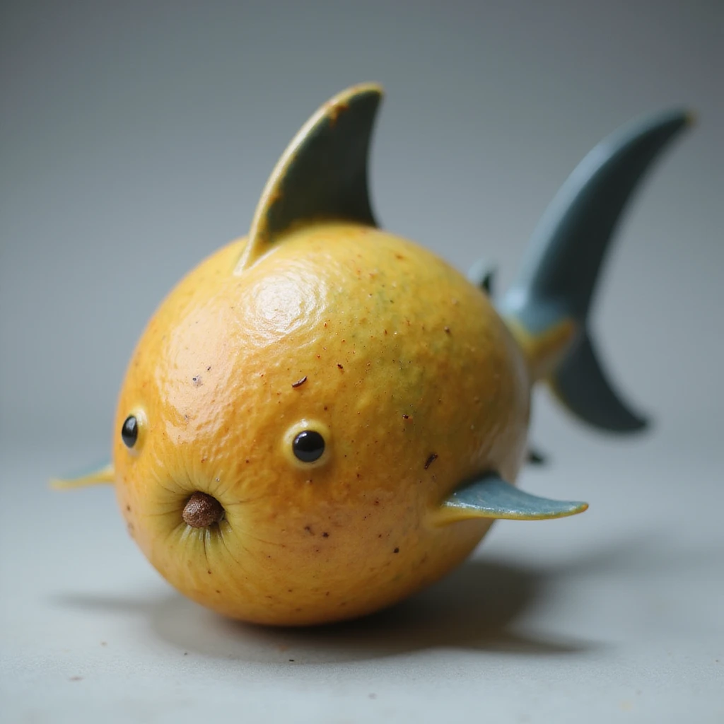 a mango with realistic shark fins and tail, photorealistic style emoji