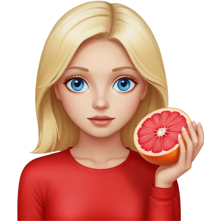 Beautiful blonde with blue eyes holds a cut piece of grapefruit instead of an eye, wearing a red long sleeve emoji