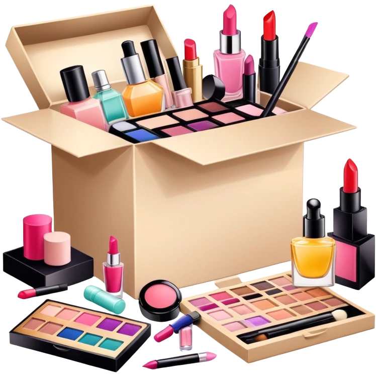 an opened box with various beauty items spilling out, including makeup, skincare, and perfume emoji