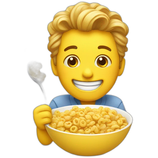 Silly yellow emoji happily eating cereal emoji