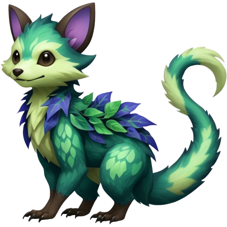 Realistic Sharp swampy mossy elemental ivy floral detailed Colorful translucent luminescent glowing Trico-Noibat-batty-Sergal-Furret-Ferret-Wolverine-Vernid-furry-fursona-fusion-Fakemon-animal-hybrid-creature, full body emoji