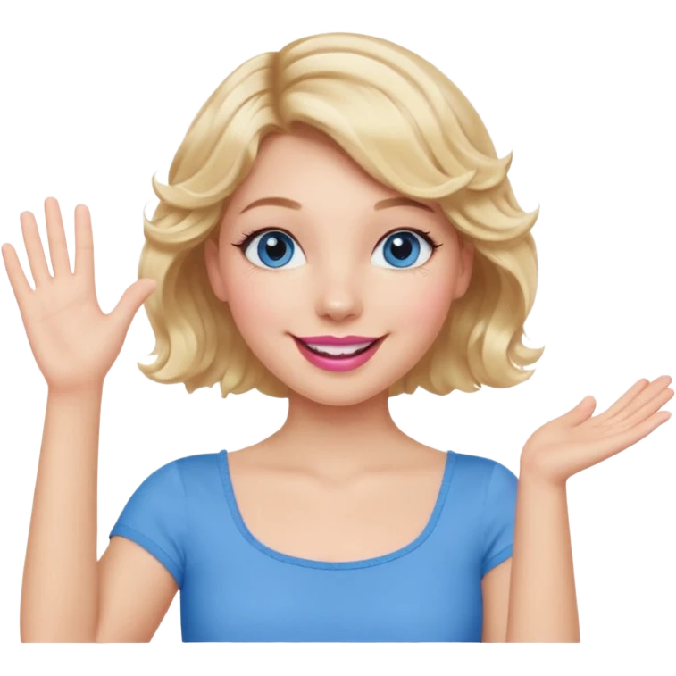 Girl Blonde short wavy hair,  blue eyes, cute blue top, long lashes, pink lips, smiling, hand in the air emoji