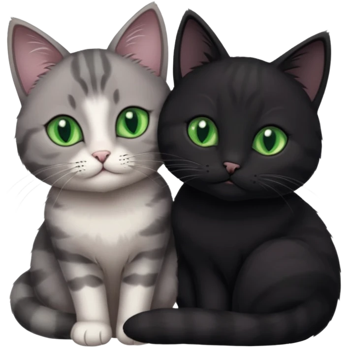 1 grey cat with pastal green eyes and 1 black with green eyes cat cuddling emoji