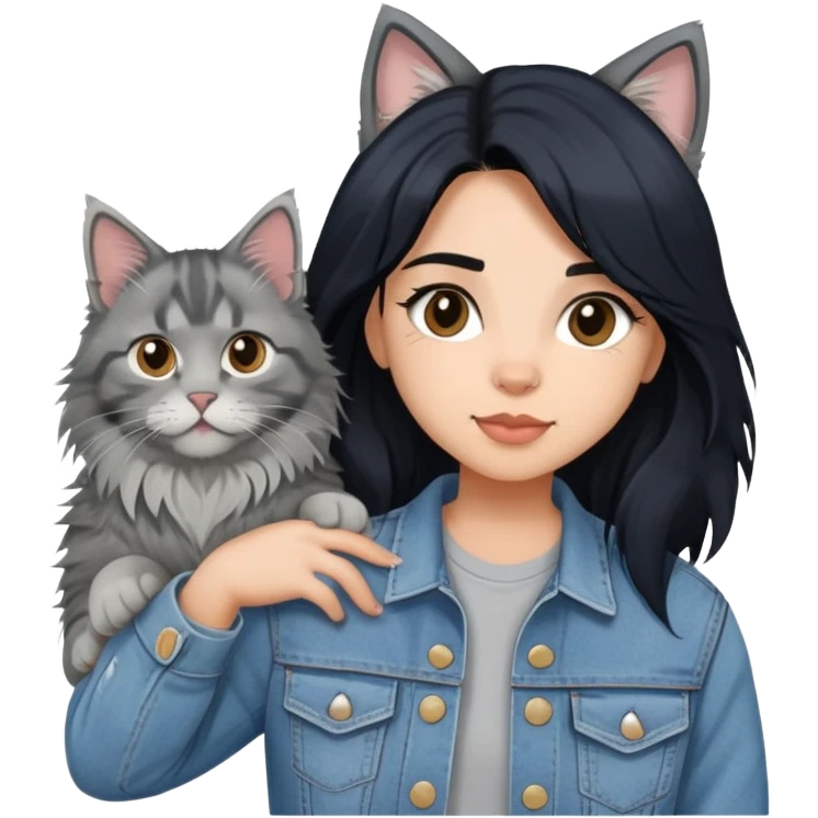 girl with black hair wearing denim jacket with gray maine coon cat emoji
