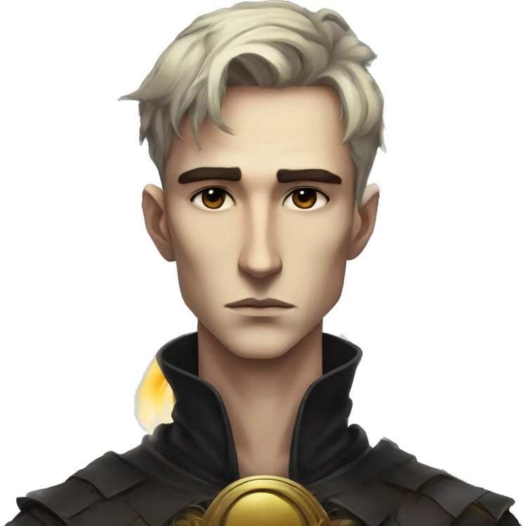 Hamlet young skinny sad man iridescent hair wearing raven feathers with a gilded hourglass and golden flames yin yang chess board emoji
