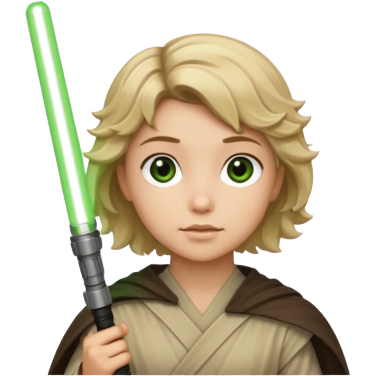 Young jedi with sandy blonde wavy short hair holding a green light saber. With brown eyes emoji