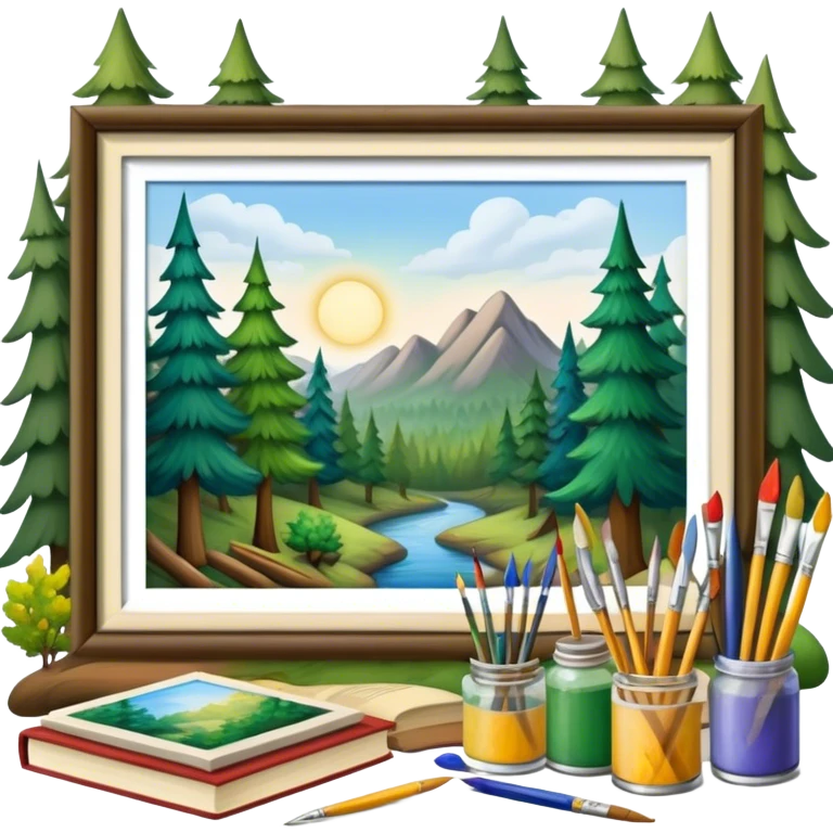 forest where trees a painting brushes, paints, pencils, books emoji