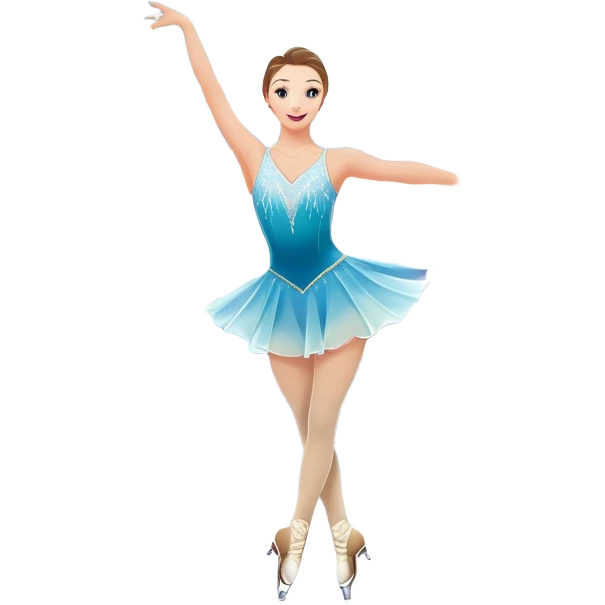 An colorful icon featuring a graceful figure skater performing a spin on the ice. The background includes a grand ice rink palace with shining spotlights and cheering spectators in the stands. Transparent background highlights the elegance and artistry of figure skating emoji