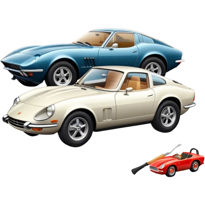 Collage emoji symbolizing a passion for cars: a sleek sports car, a vintage classic car, and an off-road SUV. The background features a cozy garage with tools, car posters, and warm lighting, emphasizing a home hobby atmosphere. Transparent background. emoji