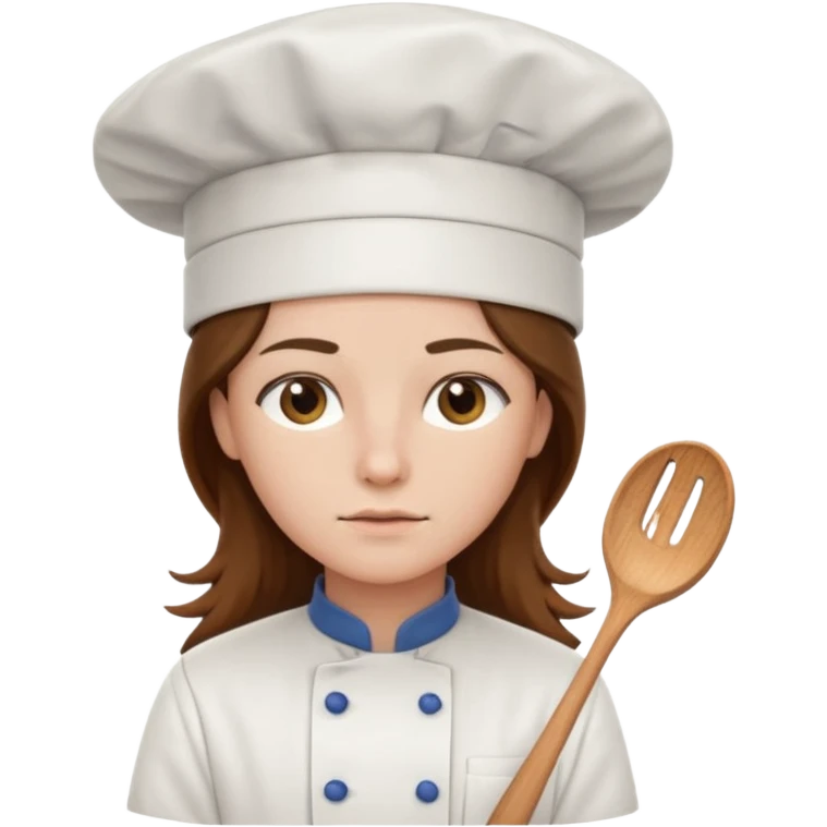 Long brown hair, serious, wearing chef uniform and chef hat emoji