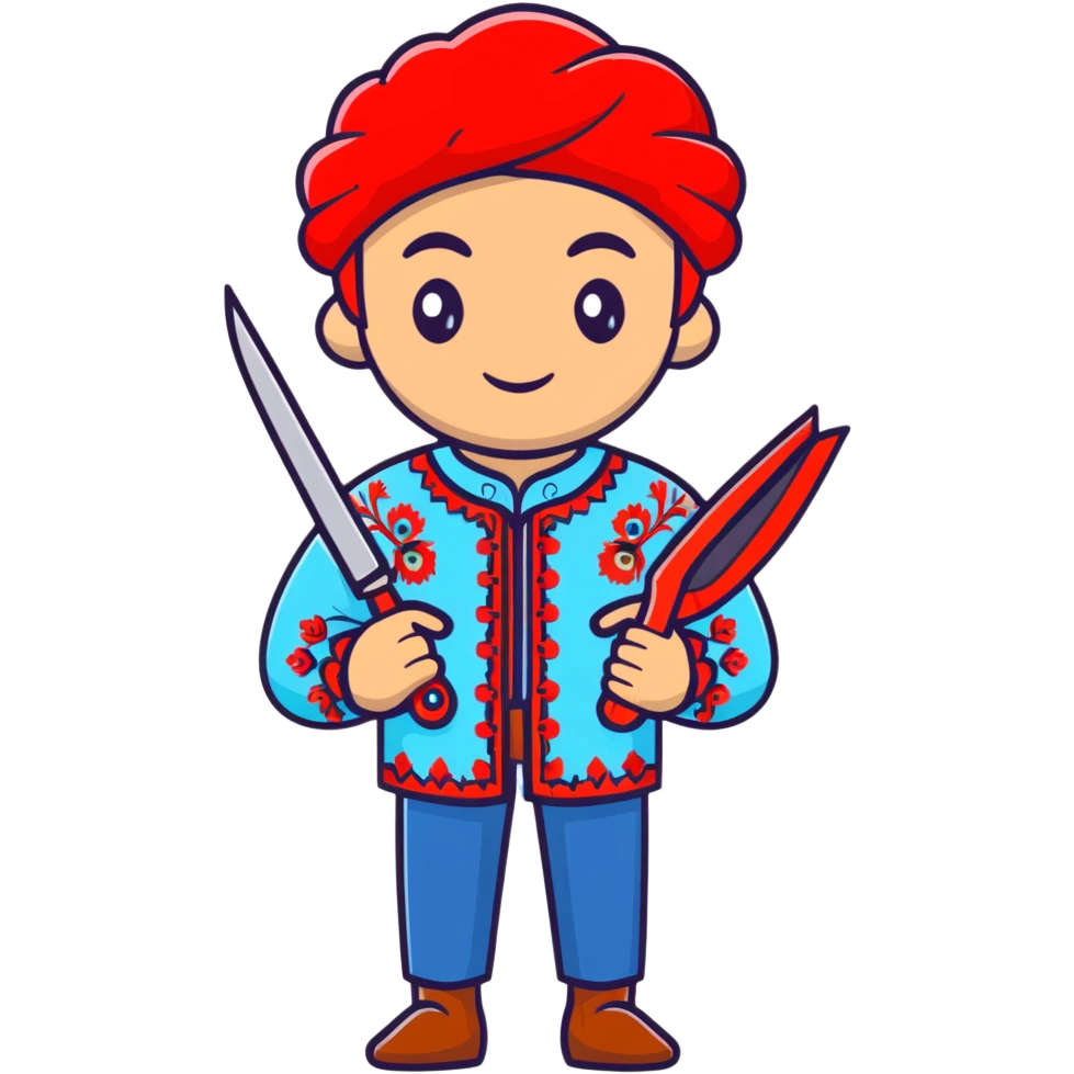 Ukrainian man in traditional embroidered vyshyvanka shirt holding red scissors in one hand and a spanner in the other hand emoji