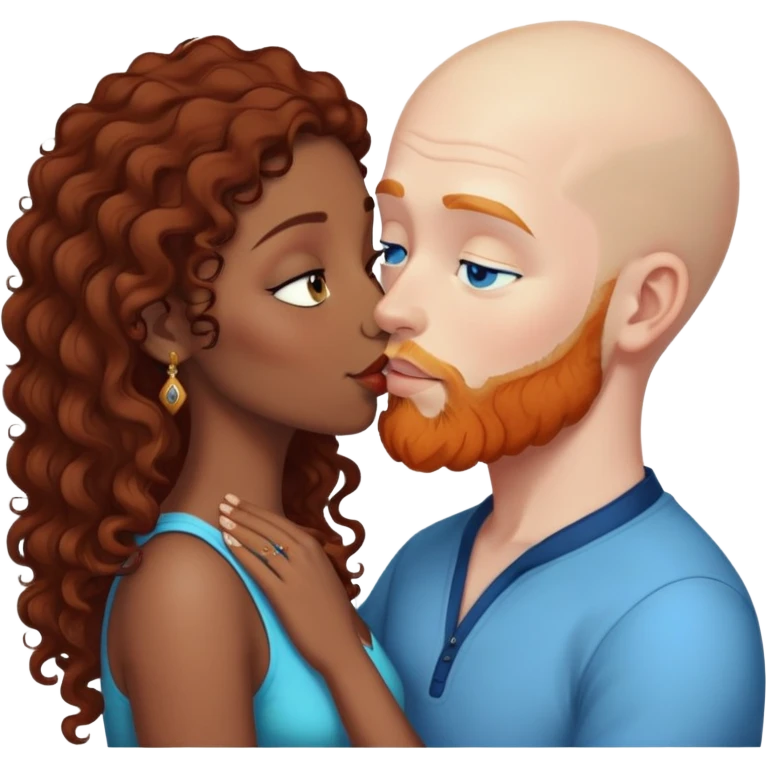Bald white male with ginger beard and blue eyes kissing indian brown woman with black curly hair emoji