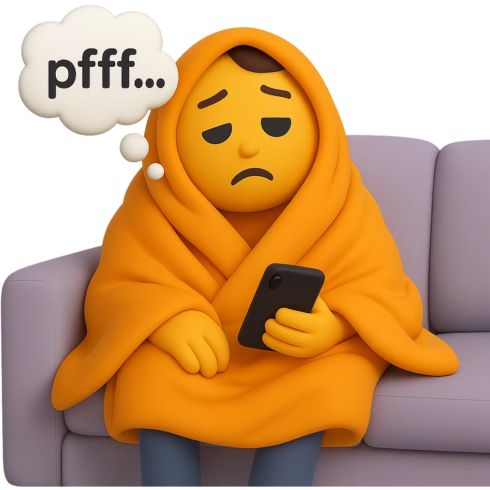 Add a phone in the hand of the emoji of a slouched, tired character wrapped in a blanket on a couch, with heavy eyelids and a thought bubble saying 'pfff…'. Preserve the transparent background. emoji