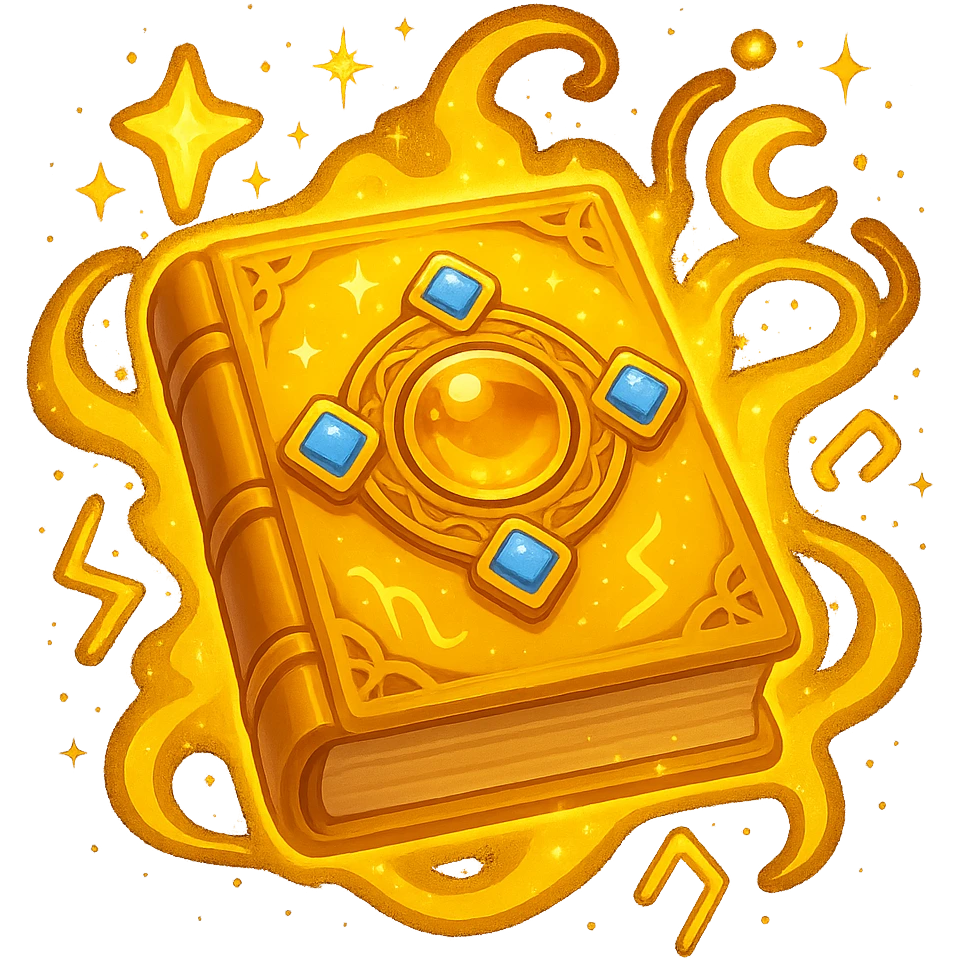 Make the mystic yellow book even more magical with sparkling magical energy, enchanted symbols, glowing effects, and a whimsical magical aura. Style it to resemble an apple emoji style. Keep no background. emoji
