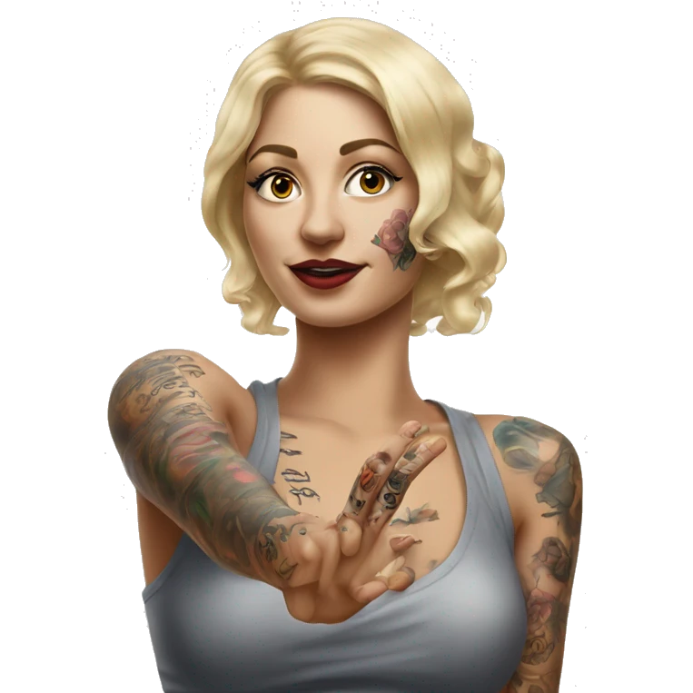 Blonde elegant women, her Body Covered with Tattoos, POINTING to YOU FORWARD with her ONE HAND , Hyper realistic emoji
