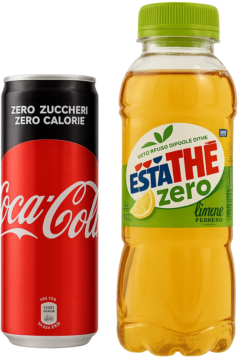 lattina di coca cola zero fluttua accanto a bottiglia di esta-thè zero, iperrealistiche 4k emoji