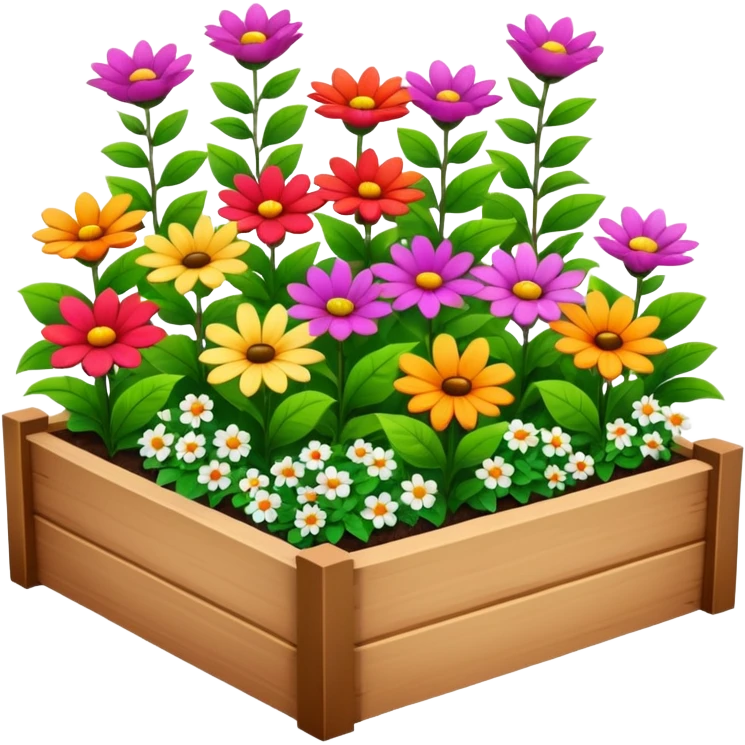 flower bed with fewer flowers in a wooden raised bed emoji