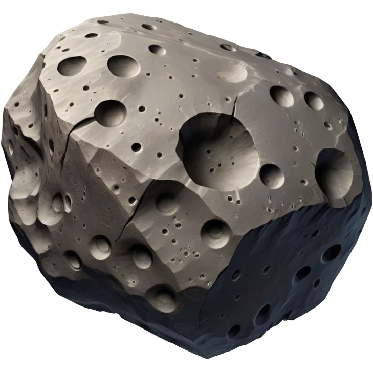  Cinematic Realistic Asteroid – A massive, irregularly shaped rock floating through the void, its cratered and pitted surface showing signs of ancient impacts. The harsh light from a nearby star reveals detailed textures and rugged, jagged edges. emoji
