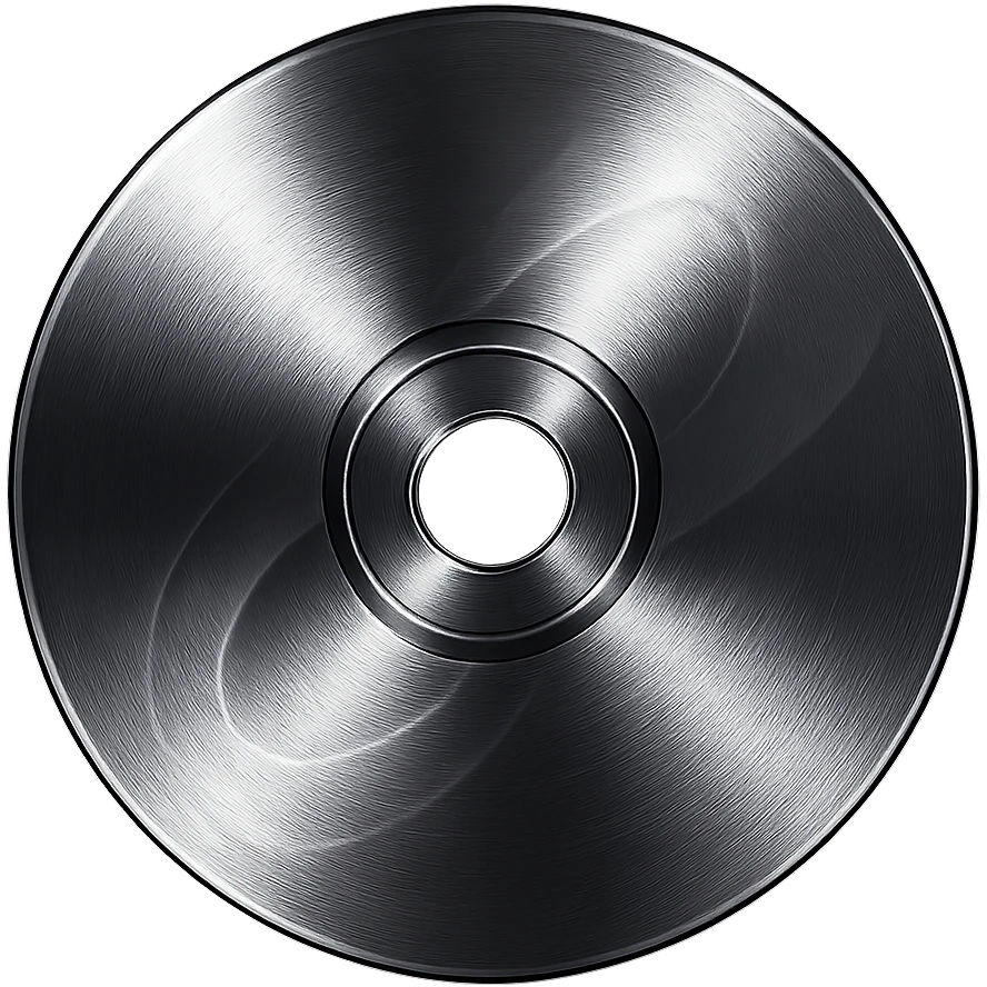 A minimalist CD disc with abstract pattern, glowing effect, purple color, chrome style, with a gradient effect emoji