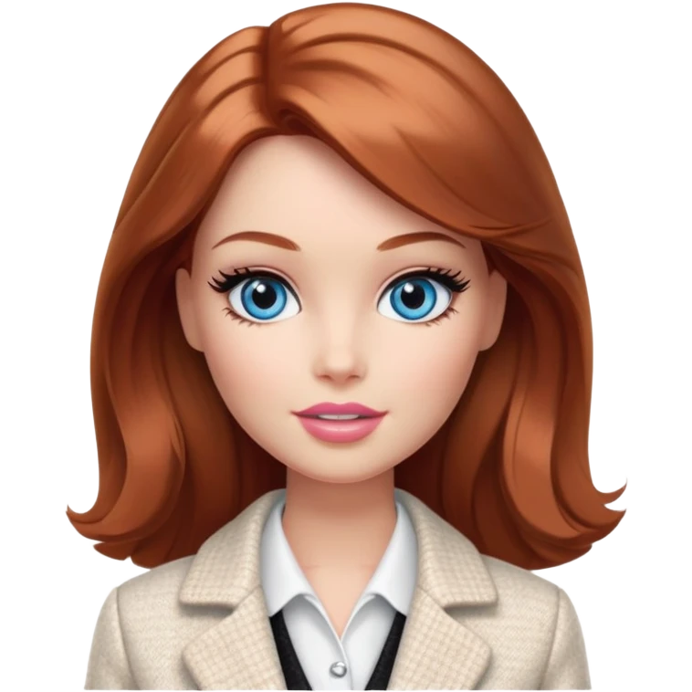 A Barbie girl with blue eyes, shoulder-length reddish-brown hair with makeup, wearing a white tweed jacket and a black skirt, pale beige body cosmetic cream pot emoji
