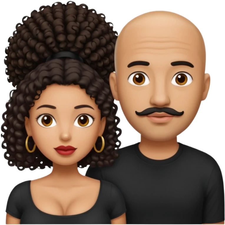 A picture of a tanned couple. the man is a Mexican man with tanned skin, black hair, a bald hair cut, short beard and wearing a black shirt. the woman is mixed, with curly medium length hair, with big boobs and lips  emoji