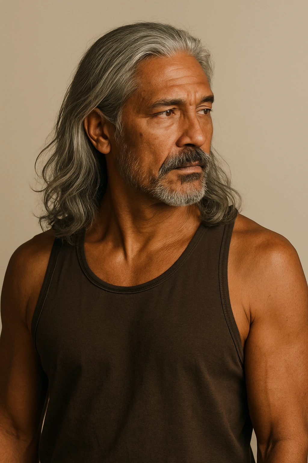 brown tanned man over 40 with long grey hair, looking to the side, upper body, plain background emoji