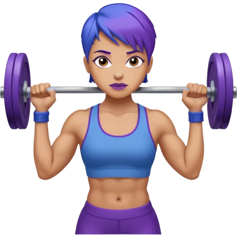 weight lift woman short blue purple har muscles bar is not growing from head emoji