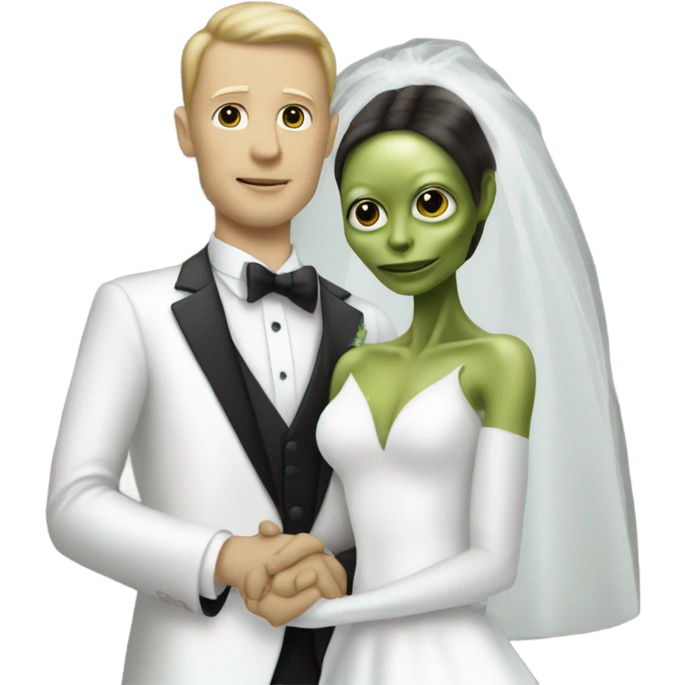 White humman man in a tuxedo holding, Alien reprilian woman in wedding dress, and one , hands getting married emoji