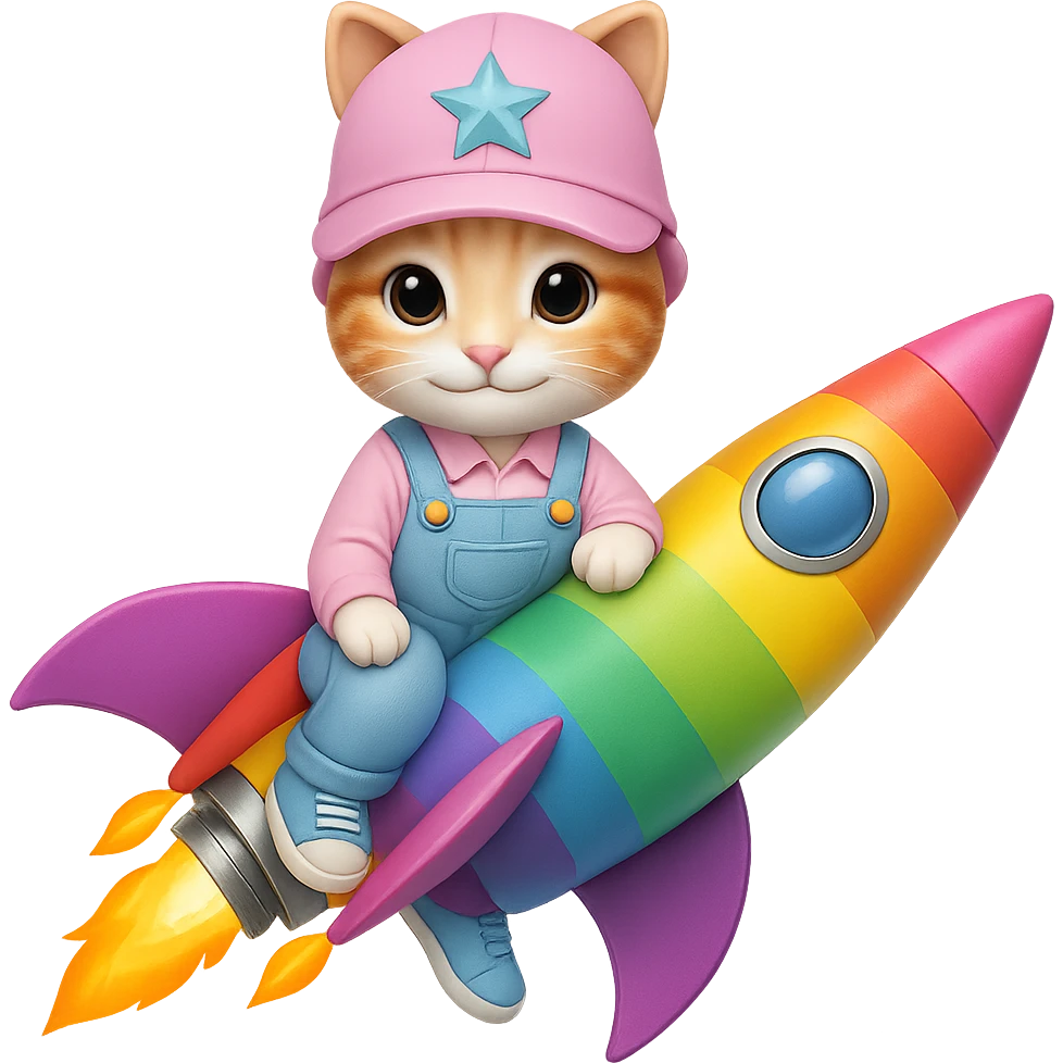 Change the rocket to a rainbow-colored rocket. Keep the kitten wearing pastel blue denim overalls, pastel blue sneakers, and a pastel pink hat with a star. The kitten is sitting and smiling sweetly. Remove the background. emoji