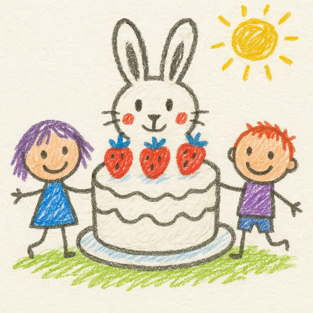 white cake shaped like a bunny with strawberries on top, children doodle style, whimsical and bright emoji