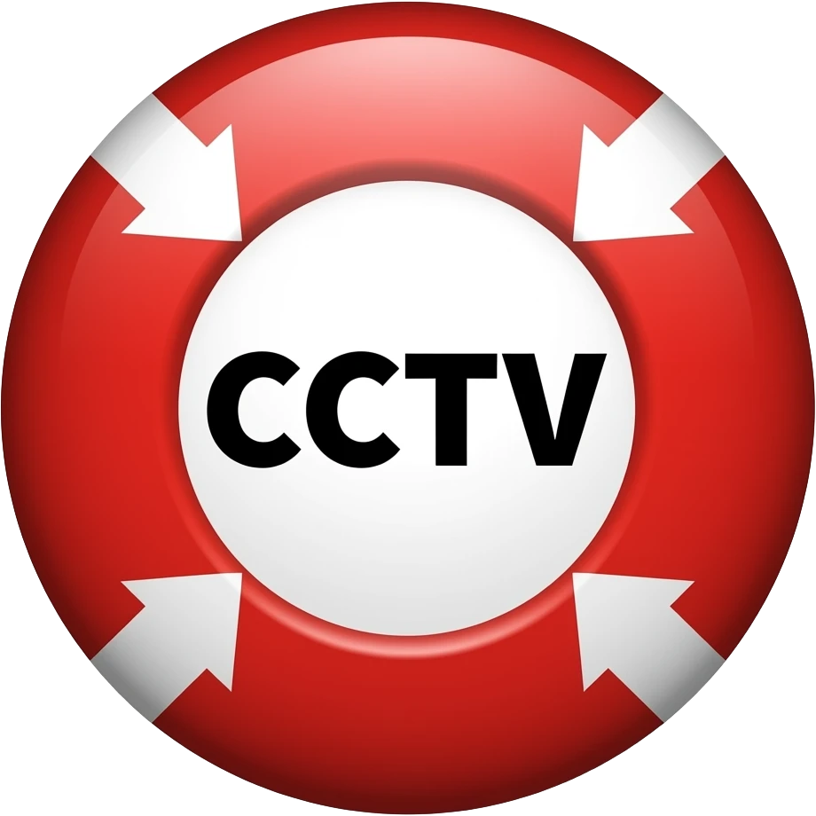 Red filled circle with white X and arrow on all end points on the X white circle in the middle. Big bold CCTV word in the centre in black emoji