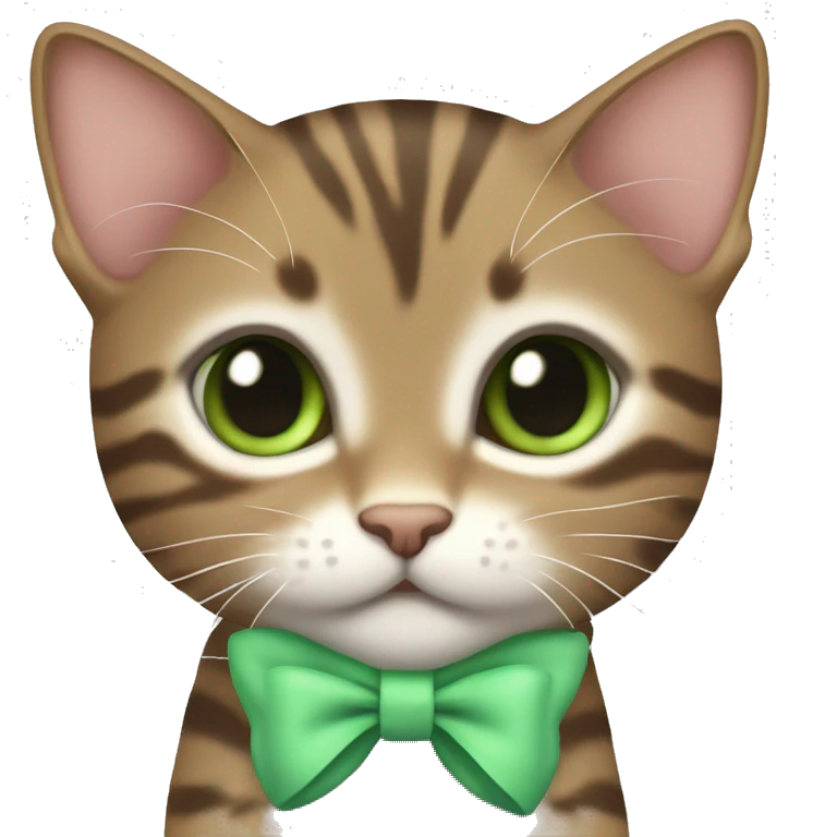 kawaii brown tabby kitten with green eyes and pastel green bow on top of head emoji